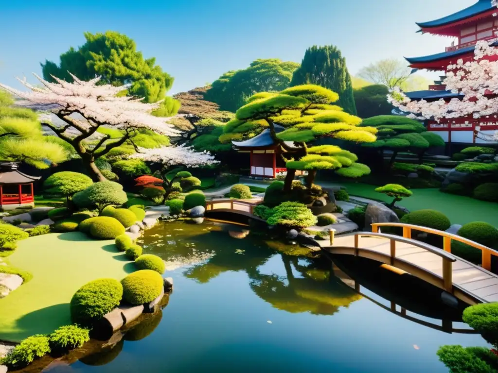 Jardín japonés tradicional con un estanque sereno, koi, puente de madera, pagoda y cerezos en flor en un entorno tranquilo y pintoresco