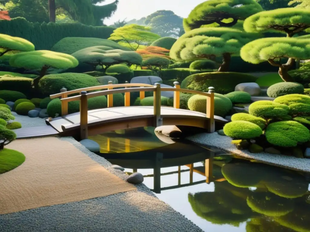 Un jardín japonés tradicional con estética samurái, con un estanque sereno, puentes de madera y un ambiente contemplativo