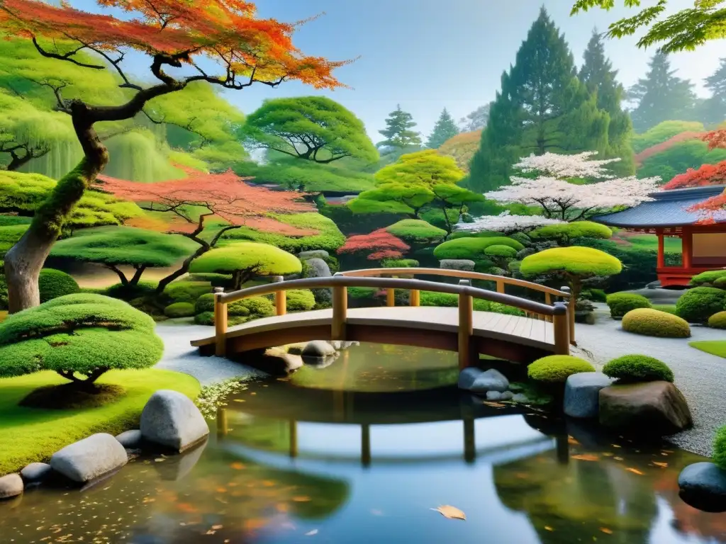 Un jardín japonés tradicional con un estanque sereno, puentes de madera y colores vibrantes, evocando las interpretaciones literarias del Zen samurái