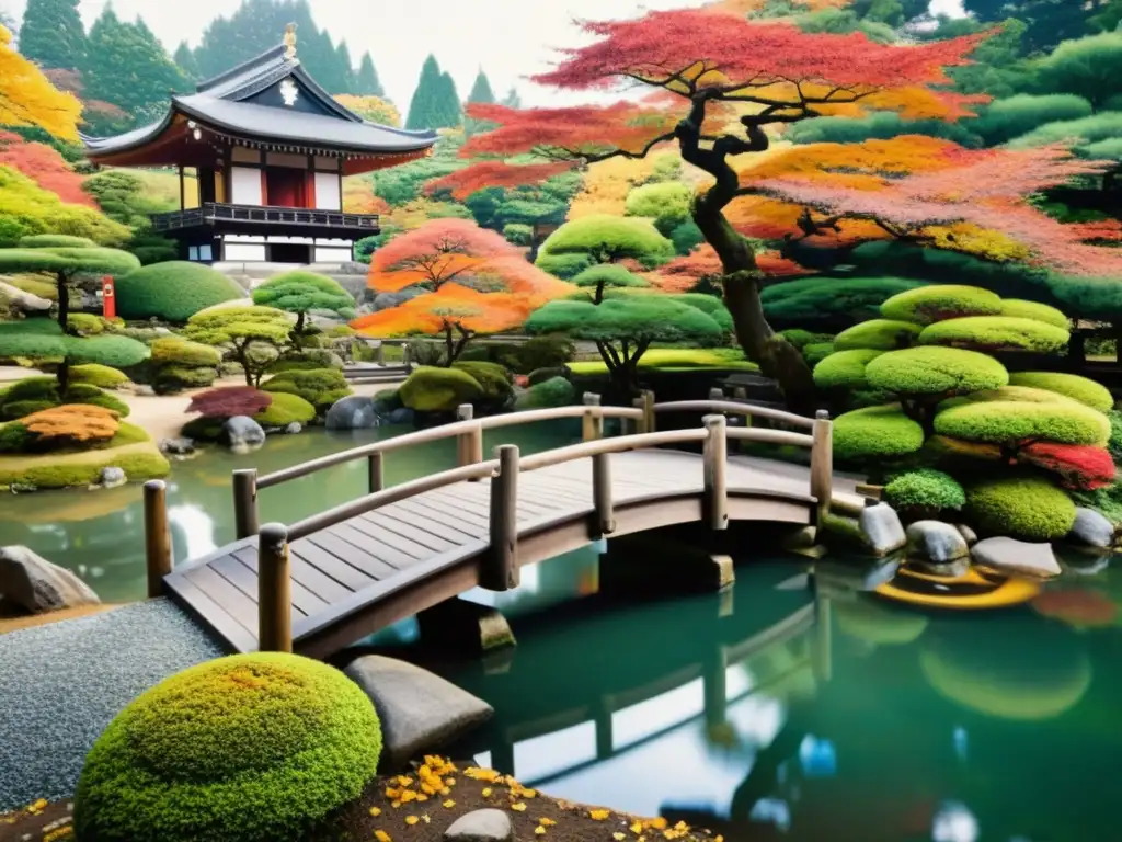 Un jardín japonés tradicional con un estanque sereno reflejando los vibrantes colores del otoño