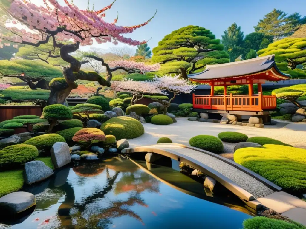 Un jardín japonés tradicional con un estanque sereno reflejando los vibrantes colores de los cerezos en flor, rodeado de bonsáis y un torii gate al fondo, creando una escena pacífica y armoniosa que captura la esencia de la tranquilidad y la atención plena