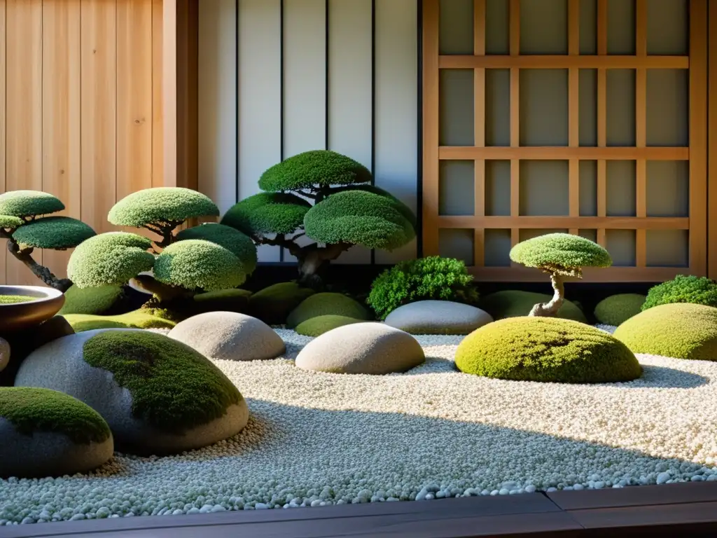 Un jardín japonés tradicional con estética samurái, rocas, grava blanca y una sensación de serenidad