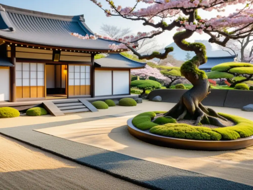 Un jardín japonés Zen tradicional con grava cuidadosamente rastrillada, rocas cubiertas de musgo y bonsáis podados meticulosamente