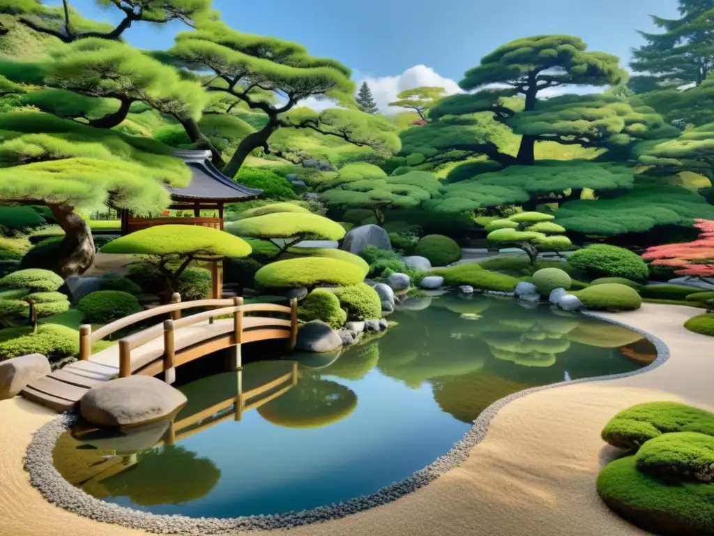 Jardín japonés tradicional con influencia samurái, rocas, árboles podados, senderos de grava y un sereno estanque reflejando la vegetación