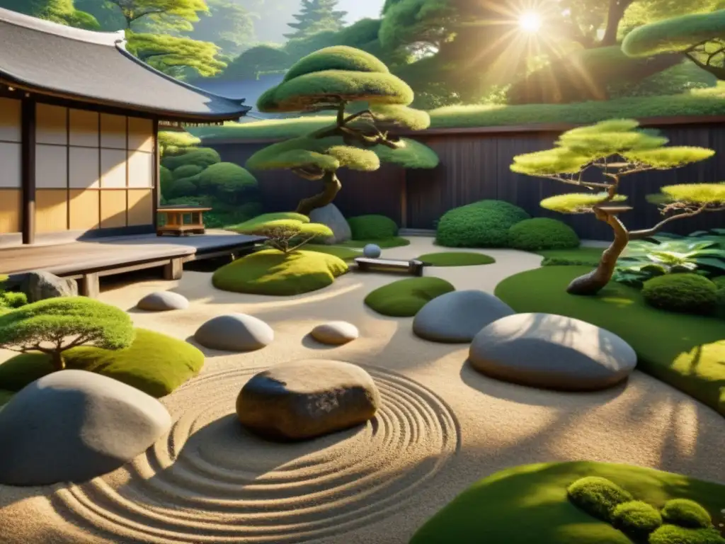 Un jardín zen tradicional japonés con patrones de grava cuidadosamente rastrillados alrededor de rocas y vegetación exuberante