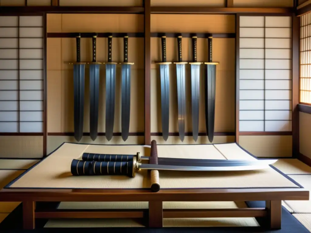 Una habitación tradicional japonesa con réplicas de espadas samurái en expositores de madera