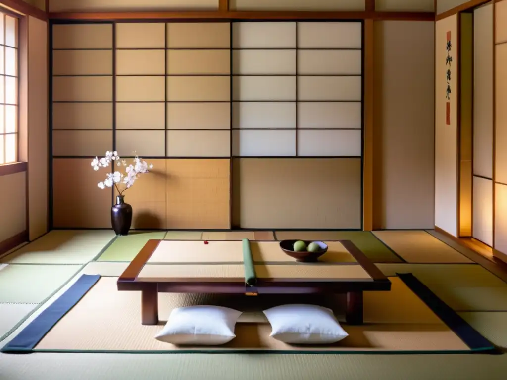 Una habitación tradicional japonesa con shoji, mesa baja de madera, futón y flores de cerezo