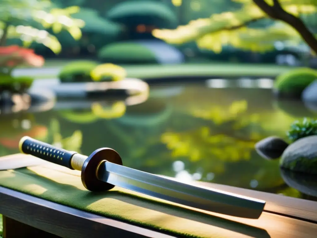 Un jardín japonés tradicional con un katana en reposo, reflejando la armonía samurái y la práctica para la salud mental