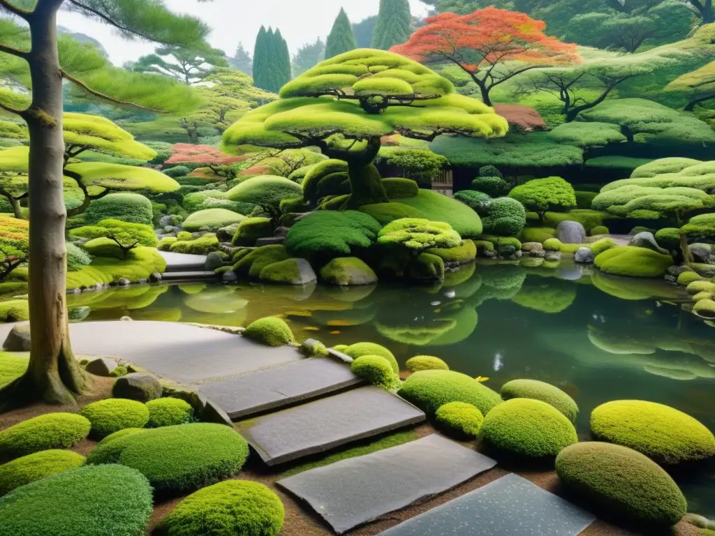 Un jardín japonés tradicional en medio de un bosque sereno