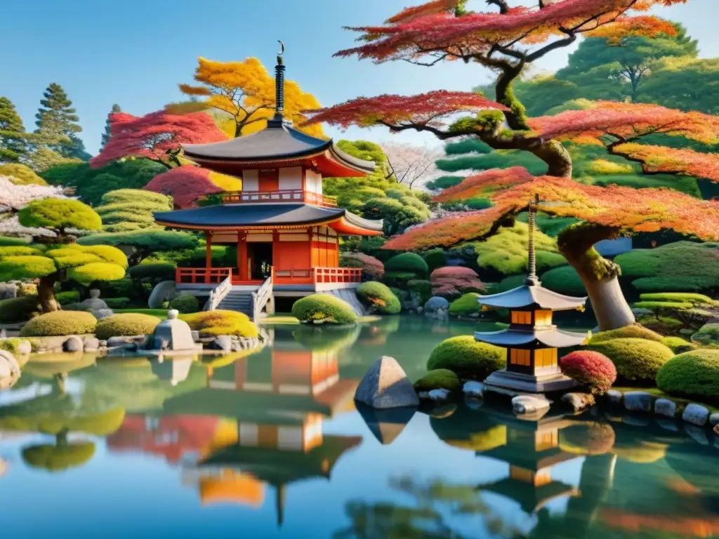 Un jardín japonés tradicional con pagoda, estanque y un samurái meditando bajo un cerezo en flor