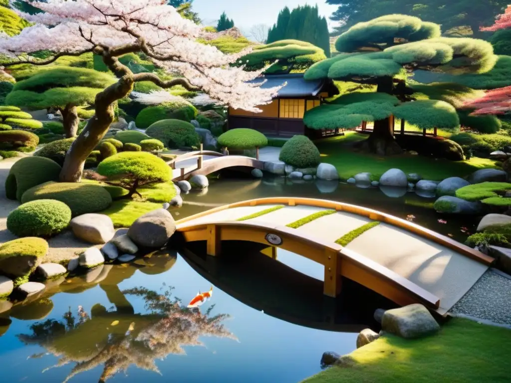 Un jardín japonés tradicional con koi, bonsáis y pagoda, evocando la inspiración samurái en jardines japoneses