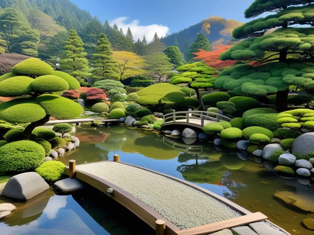 Un jardín japonés tradicional, con paisaje sereno y cuidadosamente arreglado, que evoca la belleza y armonía del diseño jardines estilo samurái