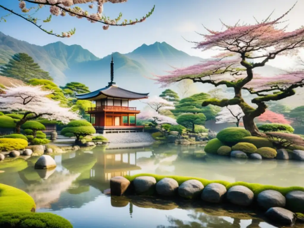 Un jardín japonés tradicional con paisajes serenos, un pagoda de madera y una figura contemplativa, encarnando la sostenibilidad en la cultura samurái