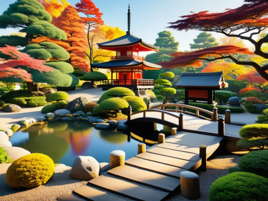 Un jardín japonés tradicional con paisajes serenos, un puente de madera, un farol de piedra y un pagoda, rodeado de follaje otoñal