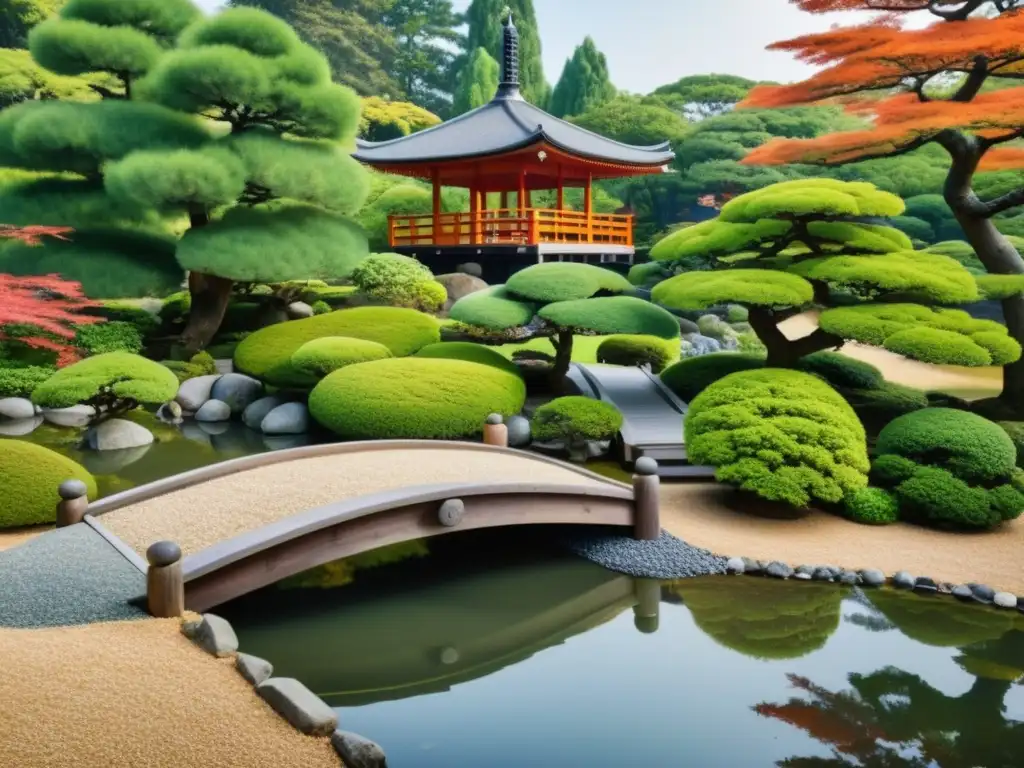 Jardín japonés tradicional con patrones en grava, bonsáis y un puente de madera sobre estanque, reflejando sostenibilidad en la cultura samurái