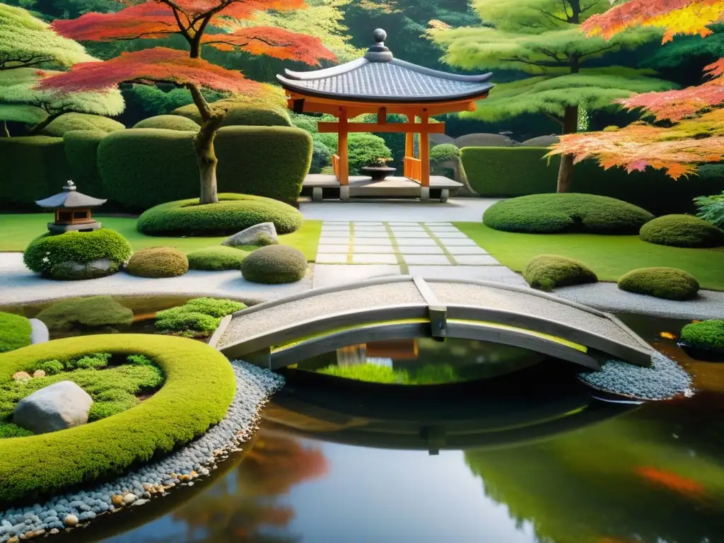 Un jardín japonés tradicional con patrones intrincados en la grava y símbolos samuráis