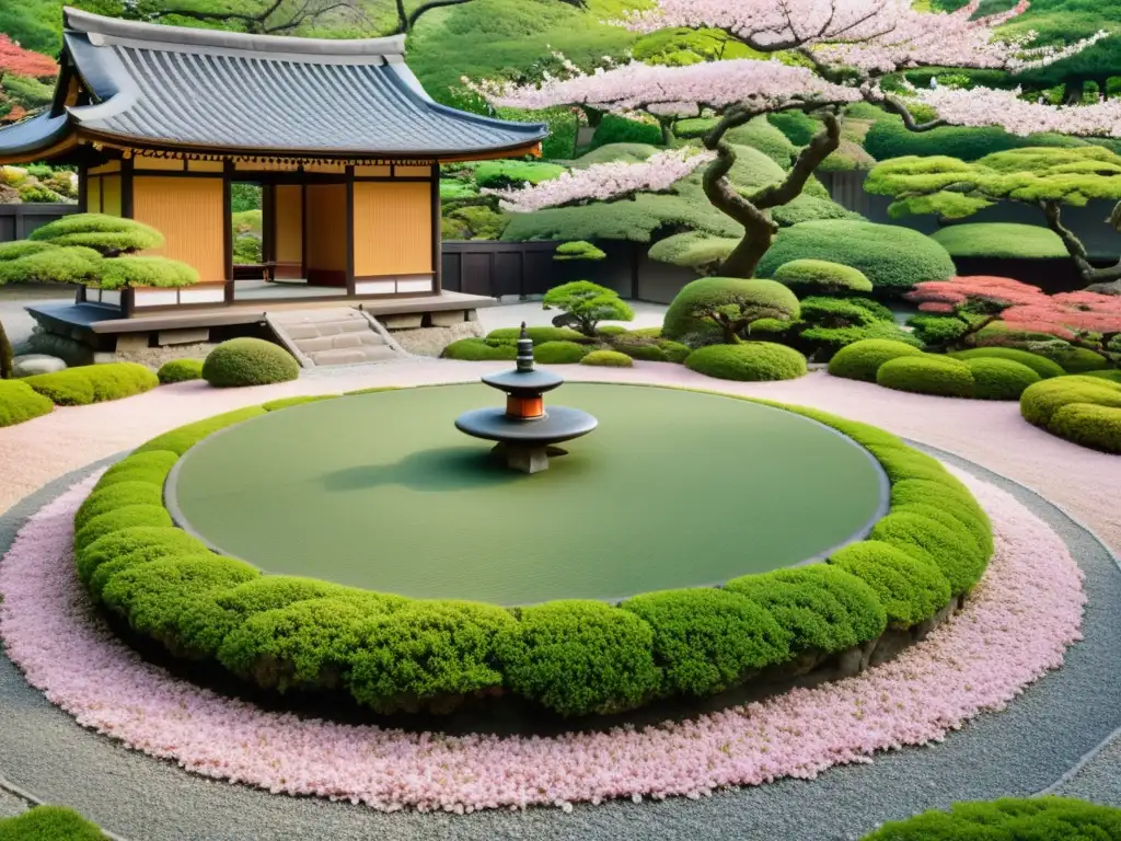 Un jardín japonés tradicional con patrones meticulosamente rastrillados, rodeado de exuberante vegetación y árboles de cerezo en flor