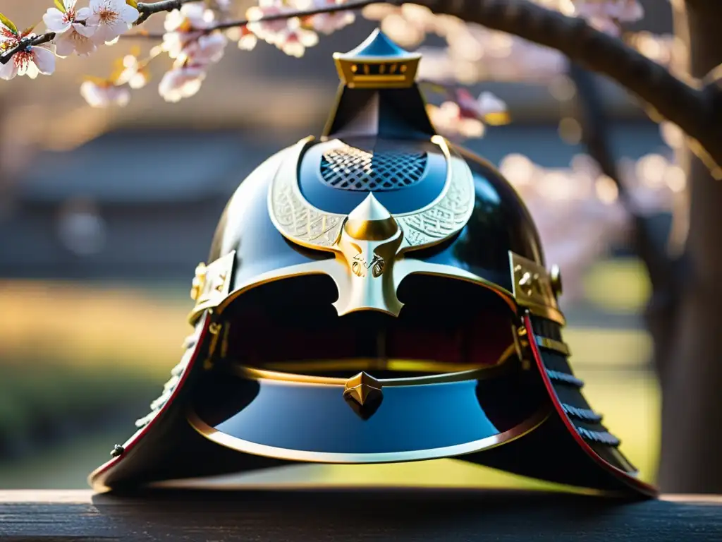 Un kabuto samurái tradicional en primer plano, reflejando la luz del sol matutino