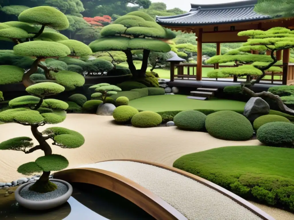 Jardín japonés tradicional con puente, bonsái y estanque reflejando serenidad, inspirando la expresión estética del haiku samurái