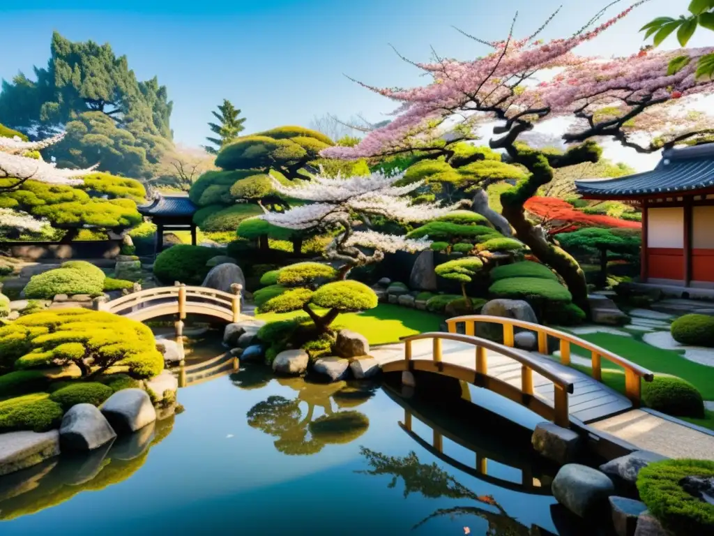 Un jardín japonés tradicional con puente de madera, cerezos en flor, estanque de peces koi y árboles bonsái