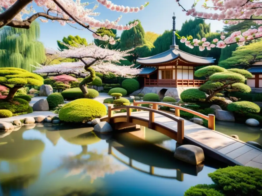 Un jardín japonés tradicional con un puente de madera, cerezos en flor y una pagoda entre bonsáis