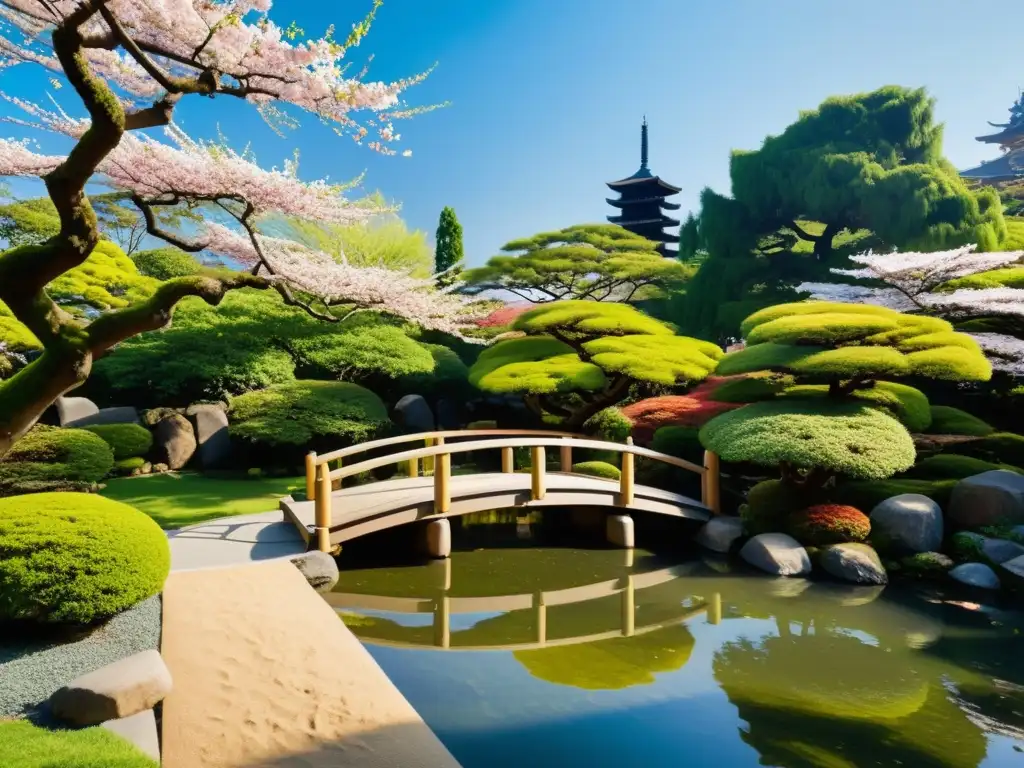 Un jardín japonés tradicional con un puente de madera sobre un estanque de koi, rodeado de árboles de cerezo en flor