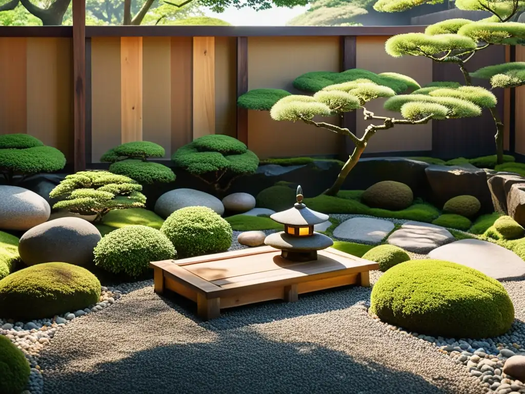 Un jardín japonés tradicional con rocas, musgo y un ambiente sereno, evocando la paz en la batalla: Jardines Japoneses Samuráis
