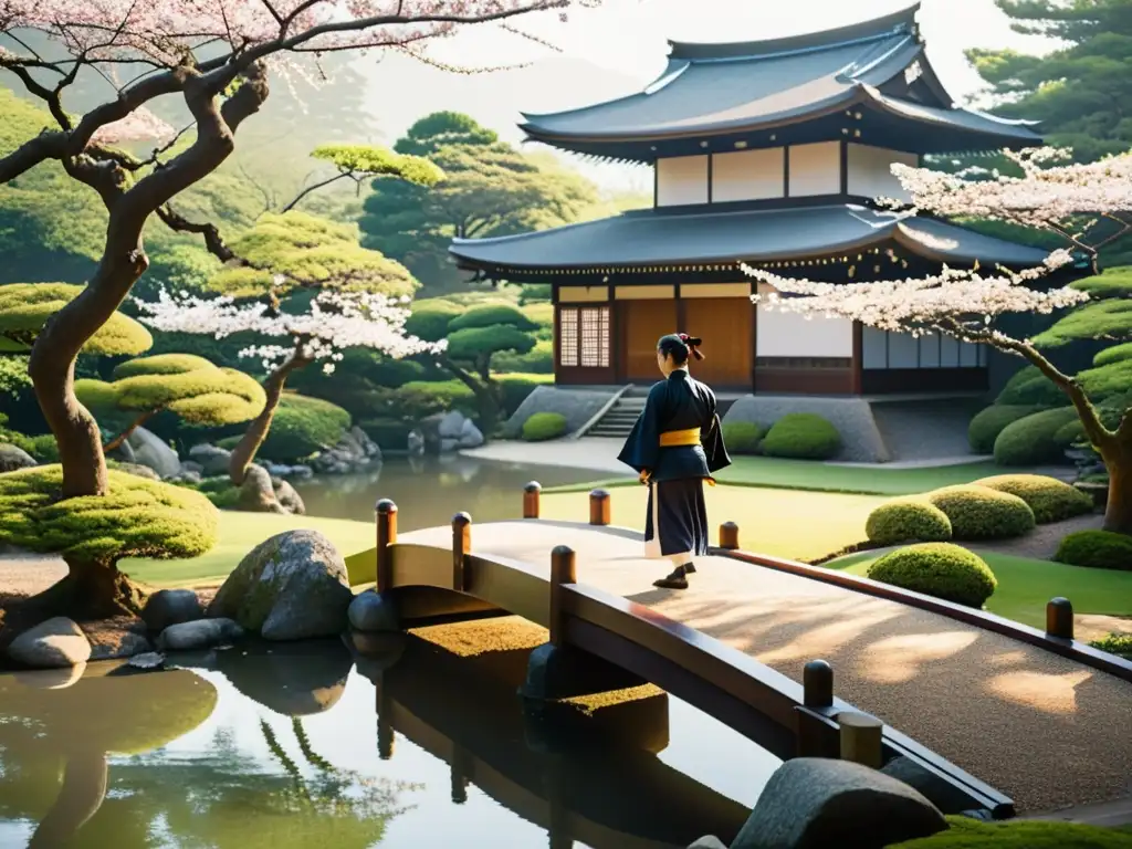 Un jardín japonés tradicional con un samurái practicando artes marciales, expresando el equilibrio entre fuerza y tranquilidad