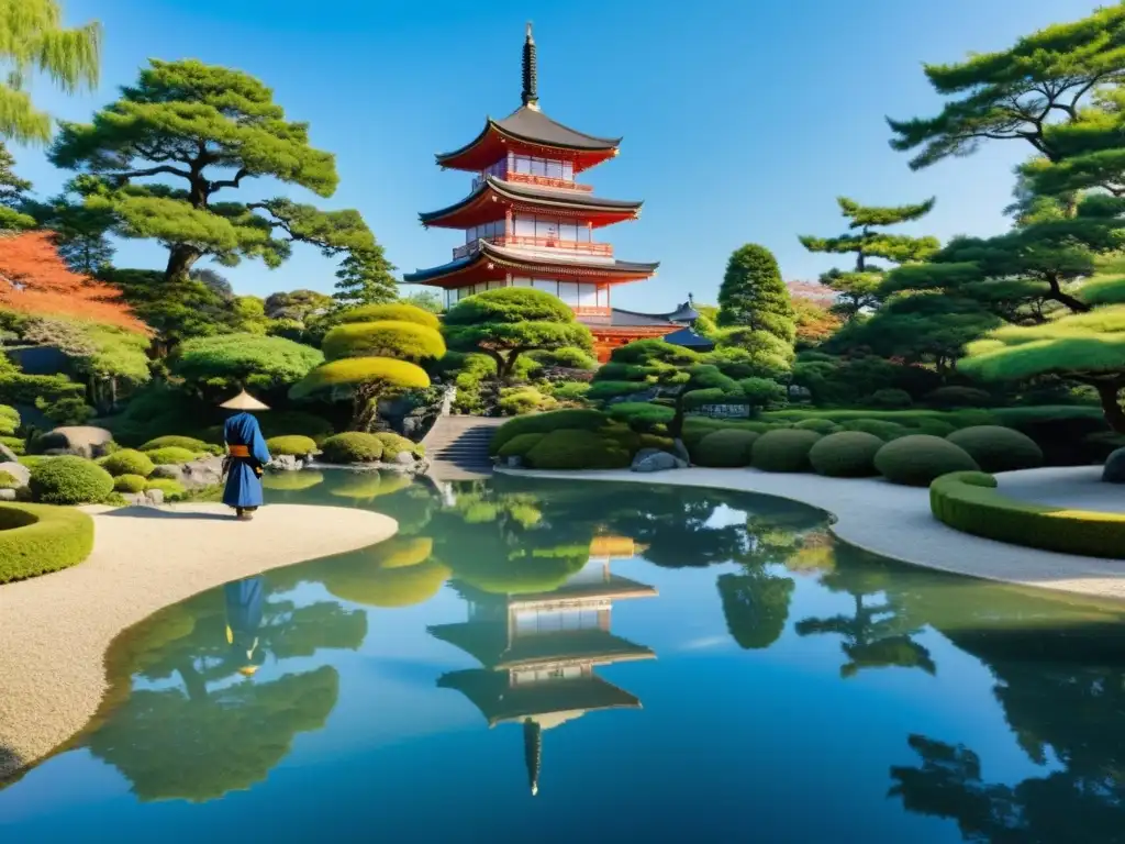 Un jardín japonés tradicional con un samurái reflexivo sosteniendo un pergamino de tácticas de Sun Tzu