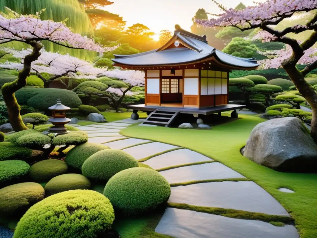 Un jardín japonés tradicional, con un sendero de piedra entre musgo, lleva a una cabaña en medio de cerezos en flor