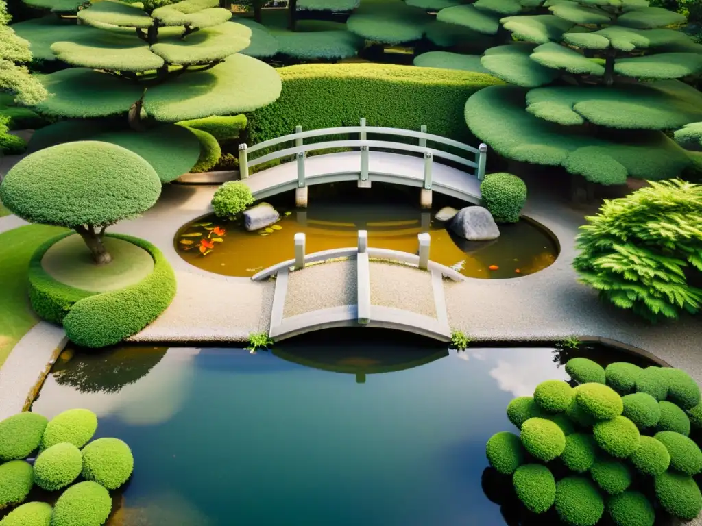 Un jardín japonés tradicional con senderos de gravilla, estanques serenos, vegetación vibrante y una atmósfera contemplativa
