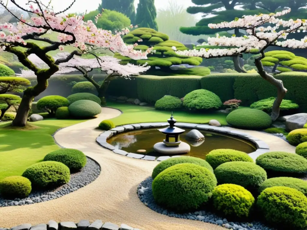 Un jardín japonés tradicional con símbolos samuráis y una atmósfera de tranquilidad y misterio