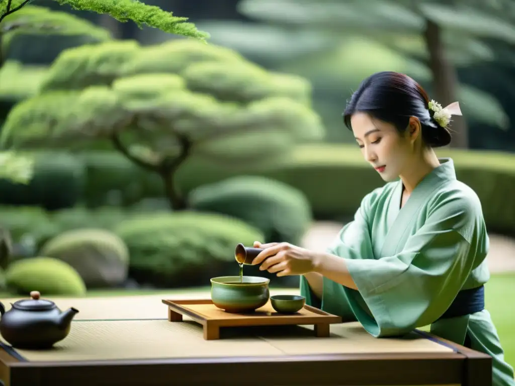 Una tranquila ceremonia del té japonés en un jardín, destacando la gracia y precisión de las prácticas Zen para controlar ansiedad