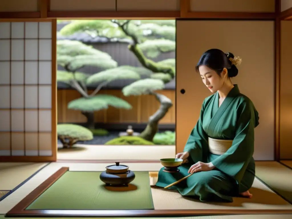 Una tranquila ceremonia del té japonés en una sala de tatami, capturando la esencia de la Unificación Japón Tokugawa Ieyasu