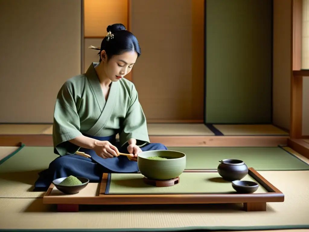 Una tranquila ceremonia del té japonesa en una sala minimalista, capturando la esencia de la diplomacia samurái en tratados y negociaciones