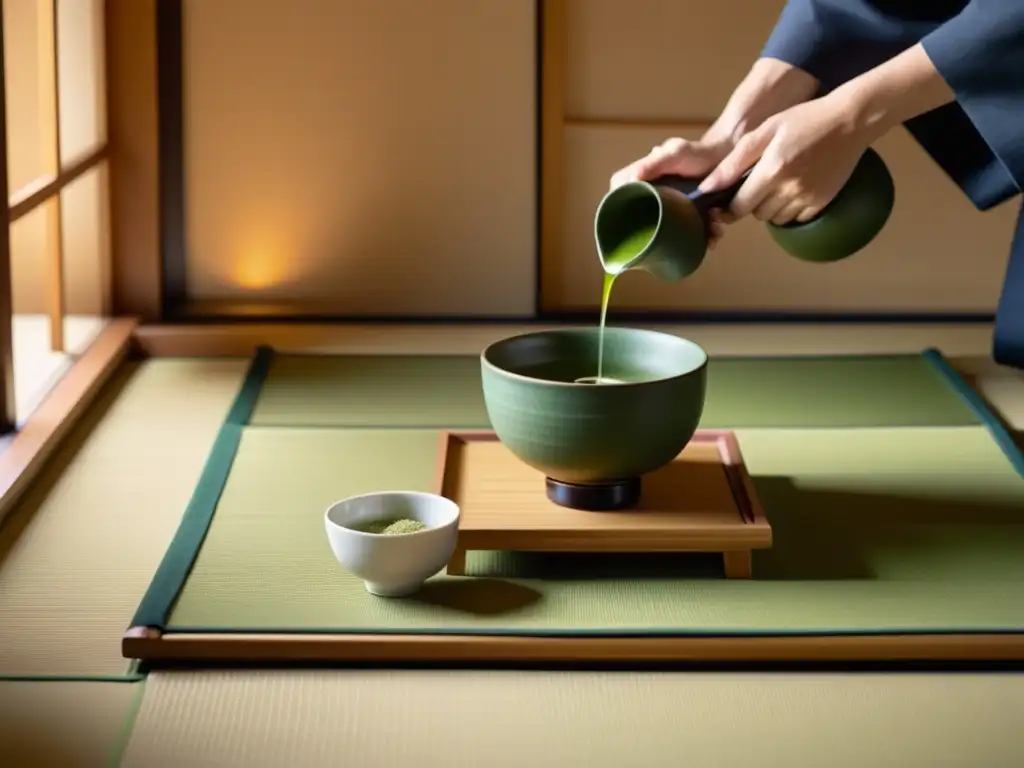 Una tranquila ceremonia del té japonesa en una habitación tatami