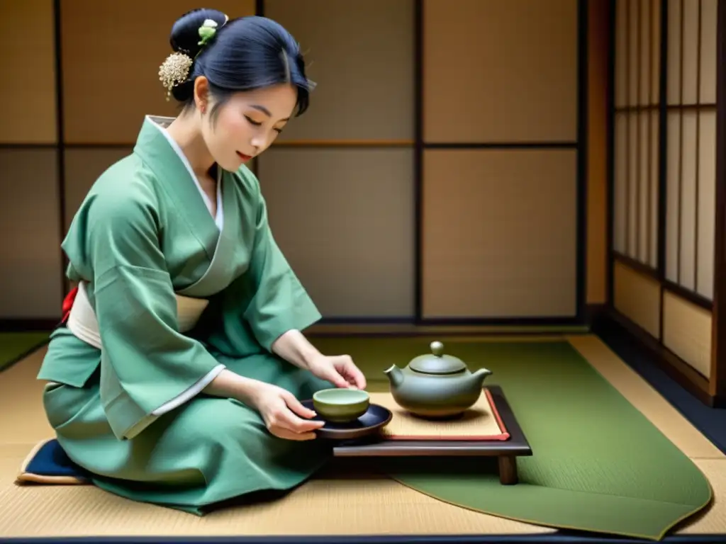 En una tranquila habitación de tatami, una anfitriona en kimono sirve matcha en tazones delicados durante una ceremonia de té japonesa, mientras los invitados observan con respeto