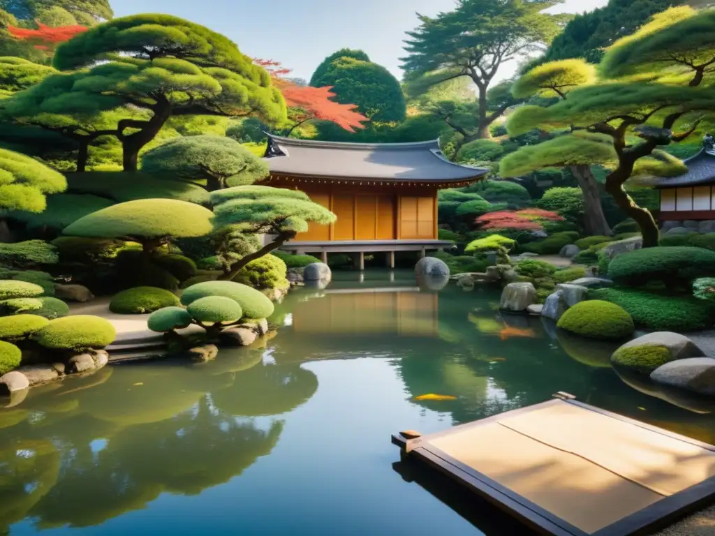 Tranquilidad y disciplina en un jardín japonés, con un samurái practicando artes marciales