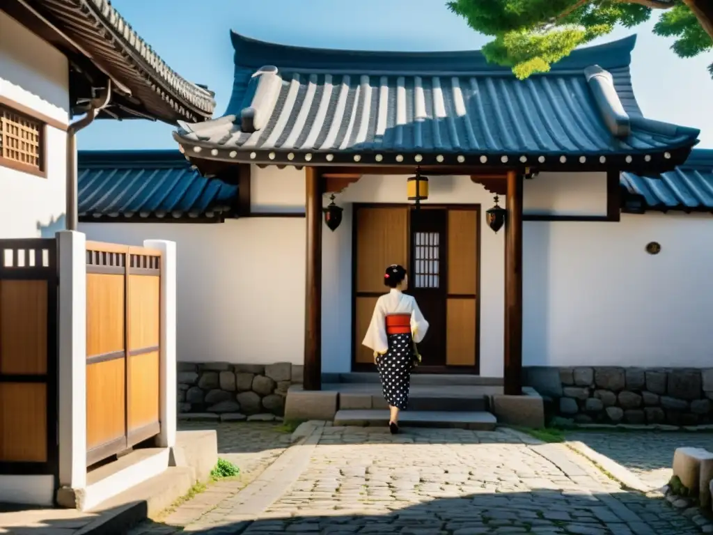 Un tranquilo barrio histórico de los samuráis en Kanazawa, con casas tradicionales y una figura solitaria paseando con un parasol