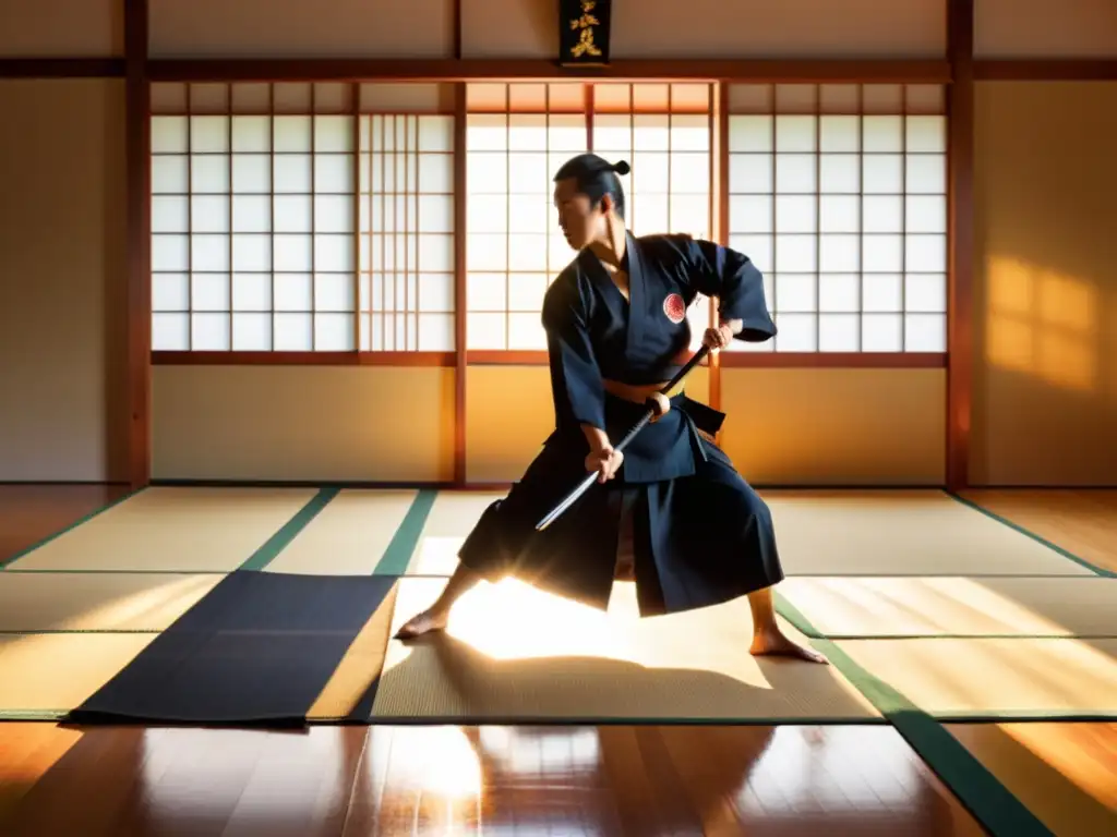 En el tranquilo dojo al amanecer, un artista marcial realiza una grácil kata de iaido