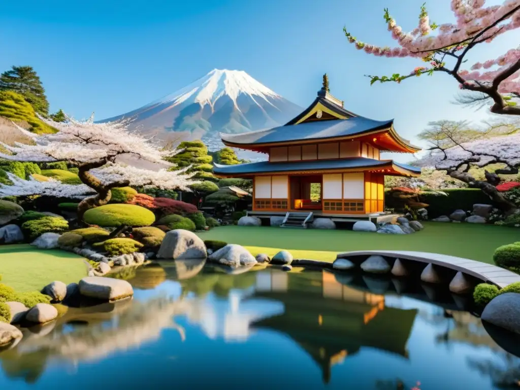 Tranquilo jardín japonés con bonsáis, estanque de koi, casa de té y montañas al fondo