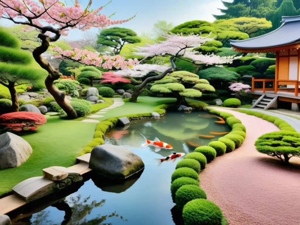 Tranquilo jardín japonés con camino de piedra, estanque con koi y árboles de cerezo en flor, evocando la meditación del Haiku