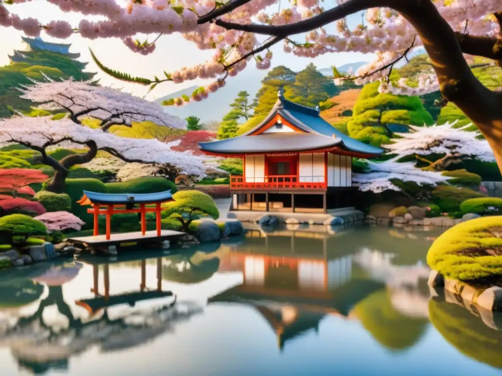 Un tranquilo jardín japonés con casa de té, sakuras y un samurai, simbolizando el legado del Shogunato y su influencia en la identidad japonesa