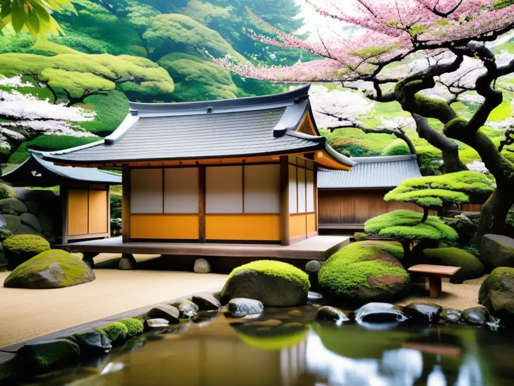 Un tranquilo jardín japonés con una casa de té tradicional, donde un samurái medita rodeado de obras inspiradoras literatura samurái