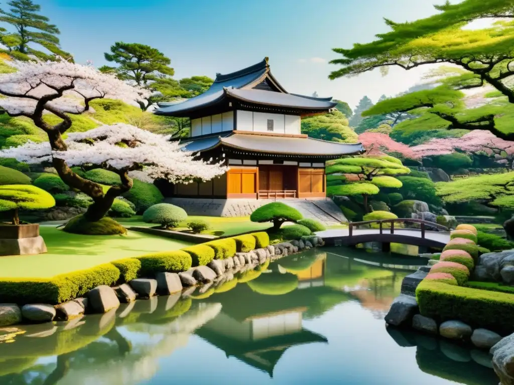 Un tranquilo jardín japonés en un castillo samurái, con árboles y cerezos, un estanque y un samurái contemplativo