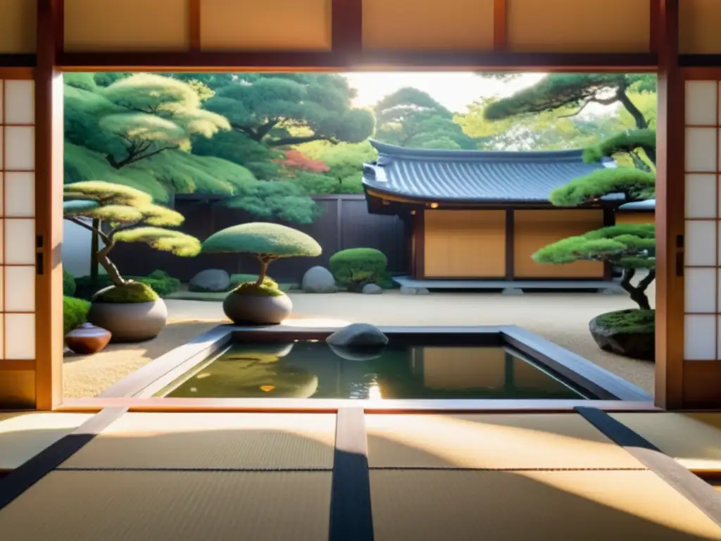 Tranquilidad samurái en jardín japonés Un tranquilo jardín japonés con un dojo al fondo, donde practicantes de samuráis se entrenan en artes marciales, reflejando equilibrio y armonía