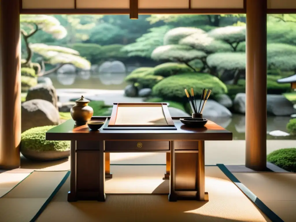 Un tranquilo jardín japonés con un escritorio de caligrafía samurái, bañado por la luz del sol, evocando calma y espiritualidad