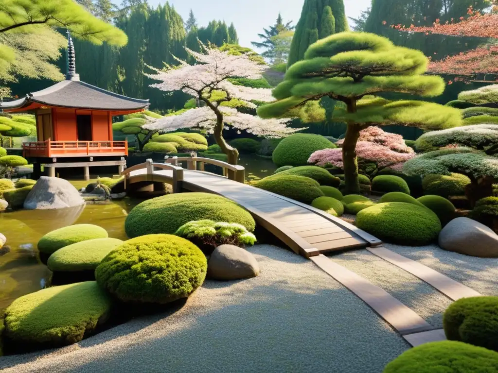 Tranquilo jardín japonés con influencia zen, puente de madera y pagoda, bañado por la luz suave entre cerezos en flor