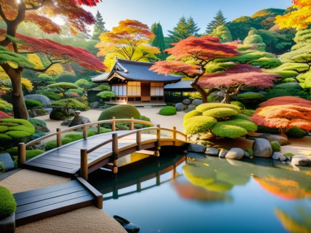 Un tranquilo jardín japonés con estética samurái en otoño: grava, rocas, estanque, puente y una casa de té entre los árboles de hojas coloridas