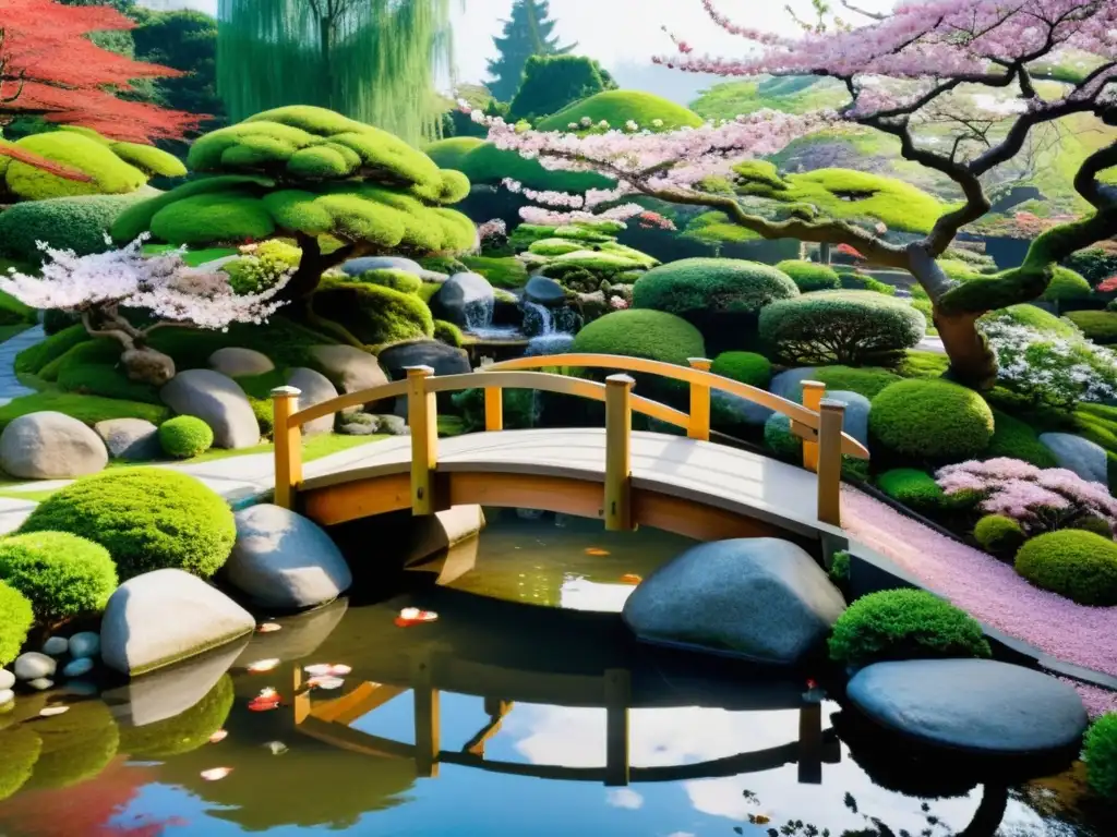 Un tranquilo jardín japonés con un puente de madera y koi nadando bajo los cerezos en flor